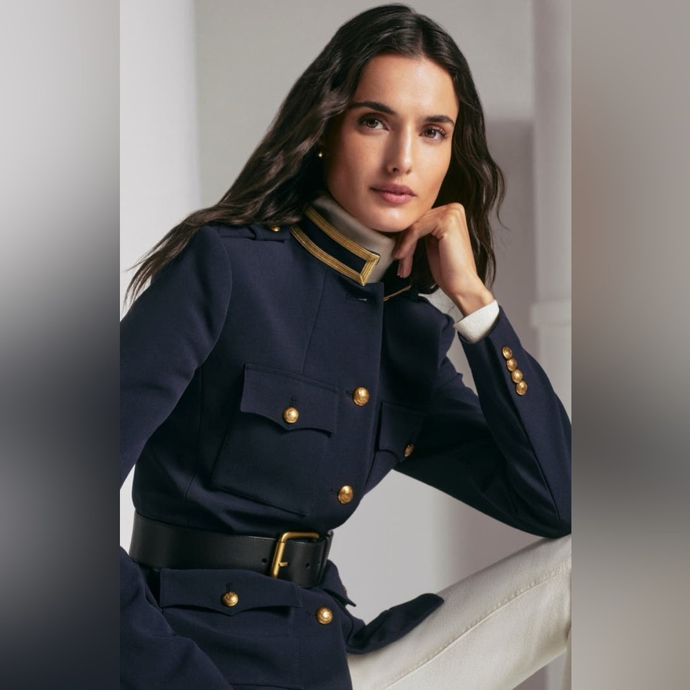 NWT Lauren Ralph Lauren Metallic Trim Twill Military Jacket ⚓️ Nautical Navy 16